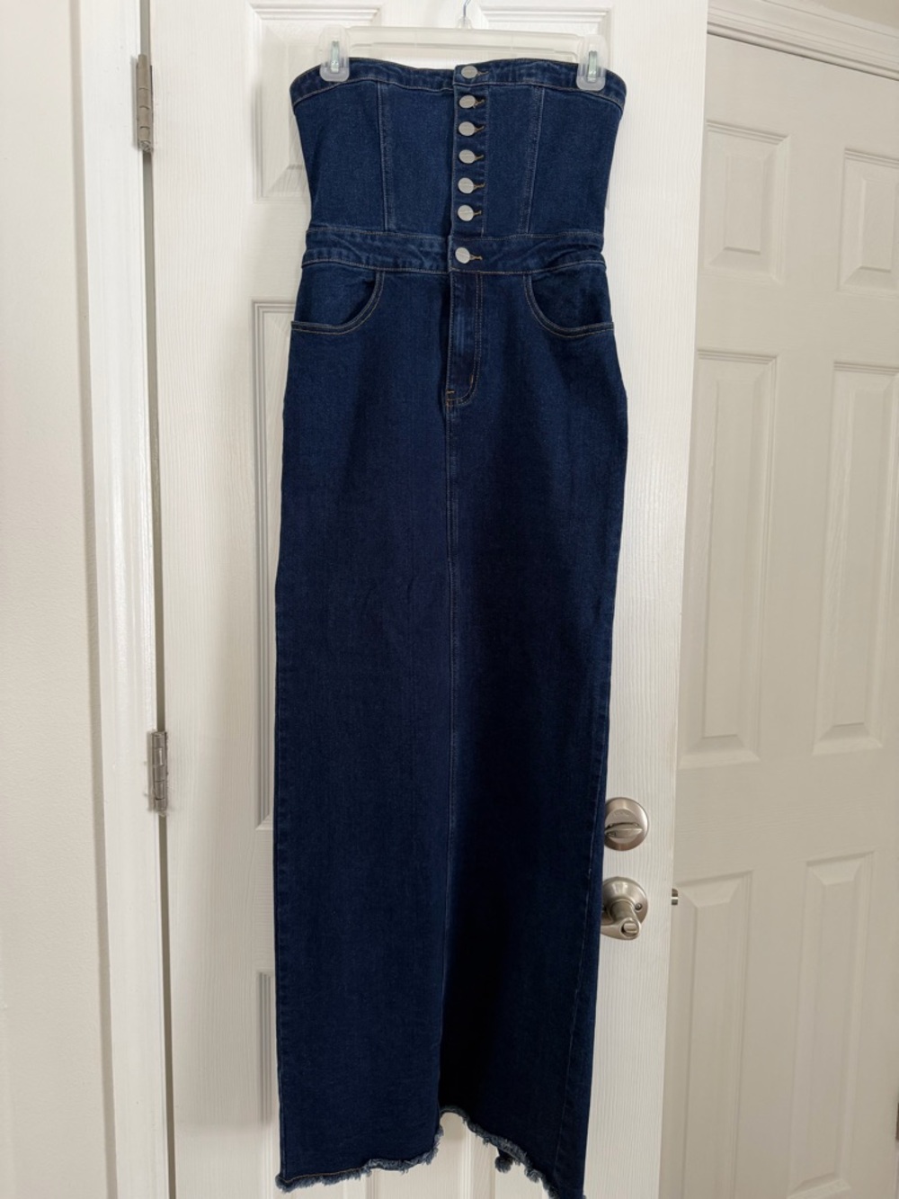 superdown Strapless High-Rise Dark Blue Denim Maxi Skirt